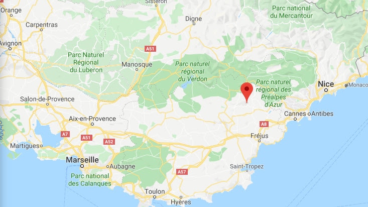Map showing the location of Seillans in the Var region of Provence in southern France about an hour drive from Nice
