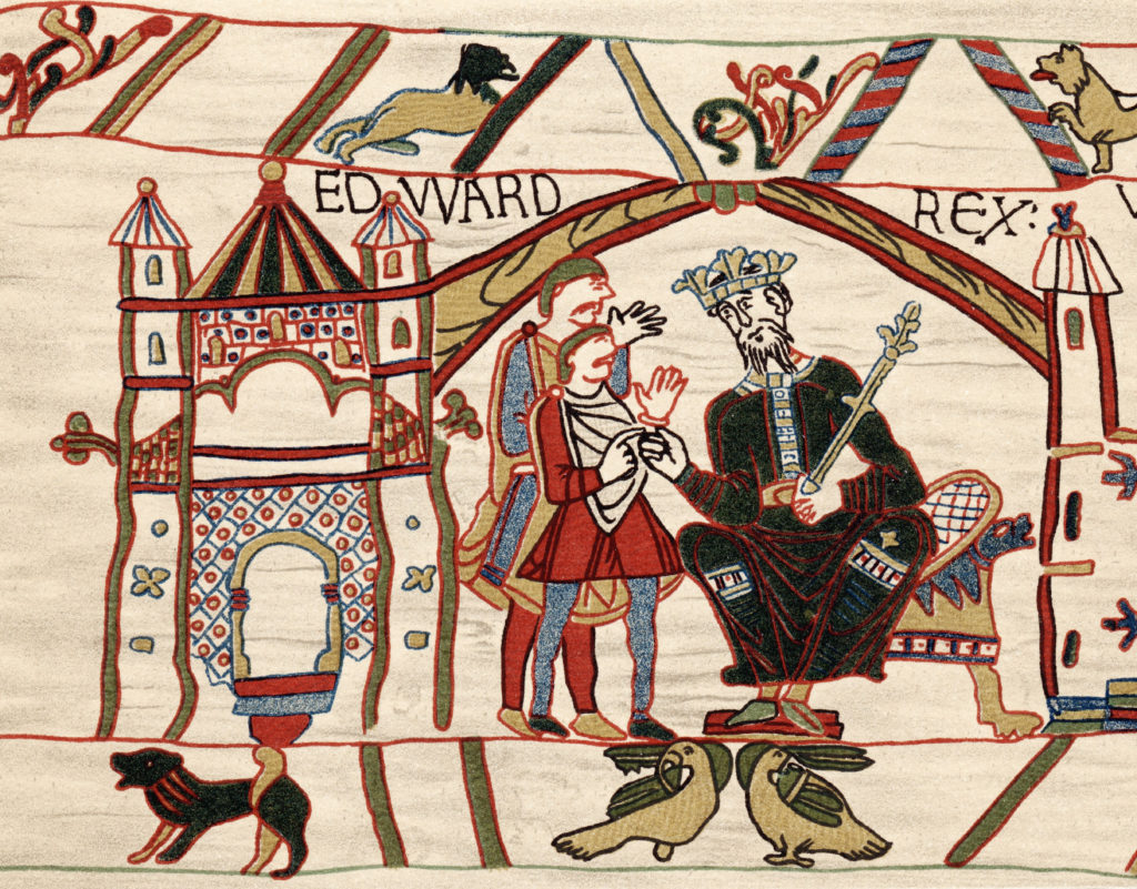 Portion of the Bayeux tapestry showing Edward the Confessor who is looking a trifle bemused