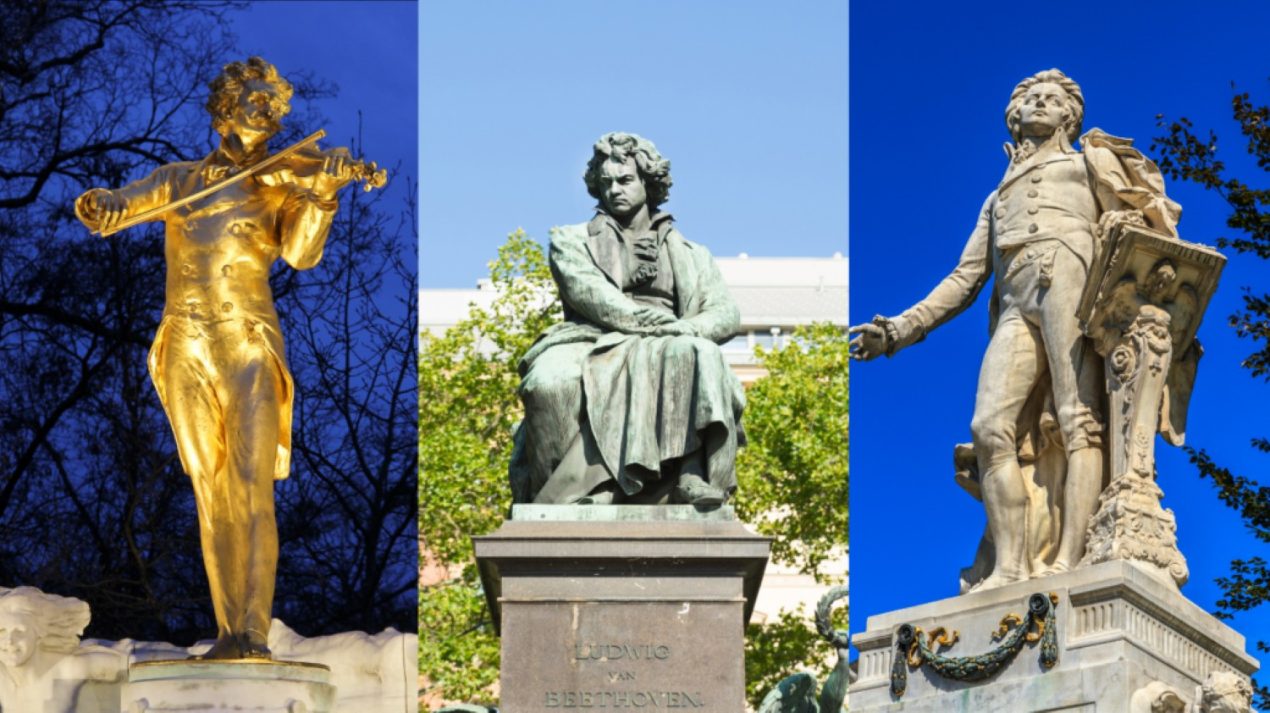 A collage featuring three statues of famous composers: Johann Strauss in a golden statue playing the violin, Ludwig van Beethoven in a bronze seated pose, and Wolfgang Amadeus Mozart depicted in a stone statue with an elegant posture.