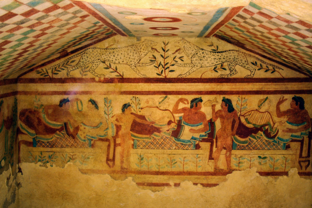 Fresco in the Etruscan tomb of the Leopards in Tarquinia, Italy; great artsy sighteeing location