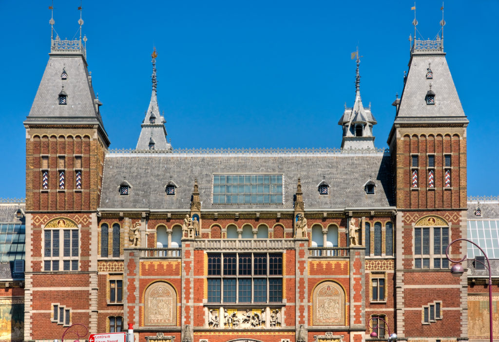 Facade of the Rijksmuseum in Amsterdam in the Netherlands--the top site for travelers to Amsterdam