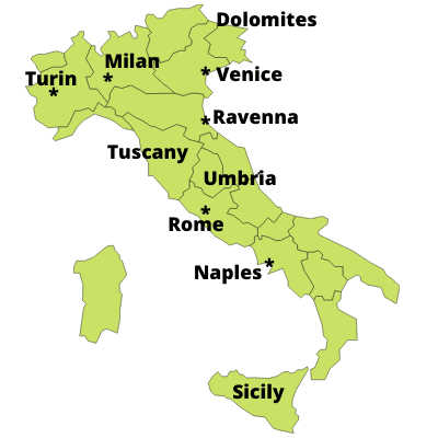 Map of Italy showing major tourist areas including Rome, Tuscany, and Venice
