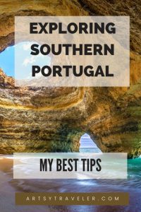 Travel blog cover image featuring a natural cave with sunlight streaming through, titled 'Exploring Southern Portugal: My Best Tips,' ideal for combining with an Andalusia itinerary.