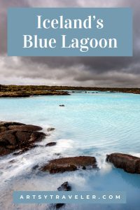 Pinterest graphic with the text Iceland's Blue Lagoon over a picture of the blue lagoon in Iceland.