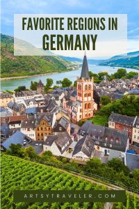 Pinterest graphic with the text Favorite Regions in Germany over an aerial view of the town of Bacharach in the Rhine Valley