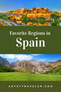 Pinterest graphic with the text favorite regions in spain. Above the text is a picture of Toledo from a distance. Below the text is a picture of mountains - the picos du europa in northern spain.