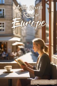 A captivating promotional image featuring a woman enjoying a book at a sunlit café table, set against a picturesque European street scene.