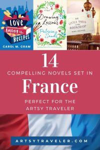 A promotional graphic highlighting multiple French-themed novels, combining colorful illustrations and photographs with a bold red banner that announces the literary theme.