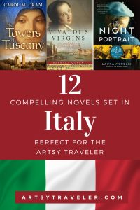 A promotional image combining several book covers, framed with a red background and text highlighting "12 Compelling Novels Set in Italy," complemented by the Italian flag at the bottom.