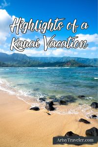 Pinterest graphic with the text "Highlights of a Kauai Vacation" over a photo of a tropical beach on Kauai in Hawaii.