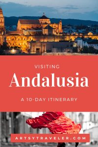 Travel blog cover featuring the Cordoba Mosque-Cathedral and a flamenco dancer, with the title 'Visiting Andalusia: A 10-Day Itinerary' from ArtsyTraveler.com