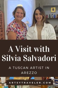 Pinterest graphic showing Carol Cram with Silvia Salvadori, an artist in Arezzo, Itlay in her studio.