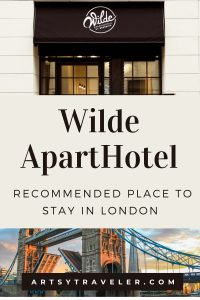 Promotional graphic for Wilde ApartHotel, highlighting it as a recommended place to stay in London, with an image of Tower Bridge and the hotel facade under the slogan "Staycity."