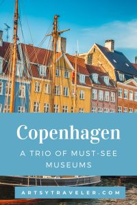 A colorful photo of Copenhagen’s iconic waterfront, featuring vibrant row houses and docked sailboats, overlaid with text promoting museums.