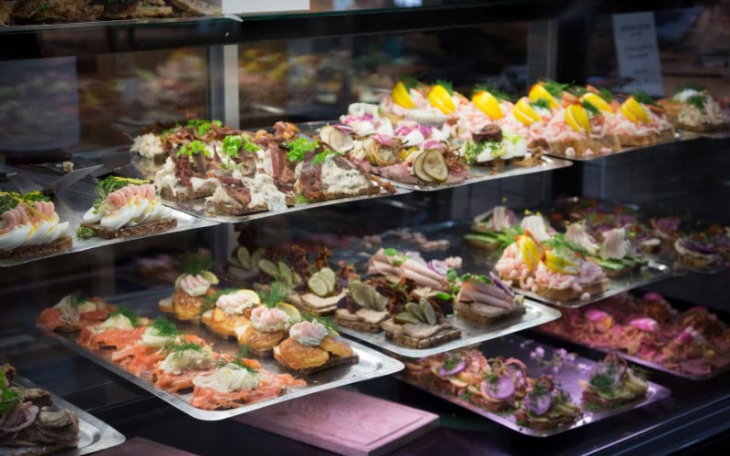 Selection of Smørrebrød at a counter in Denmark