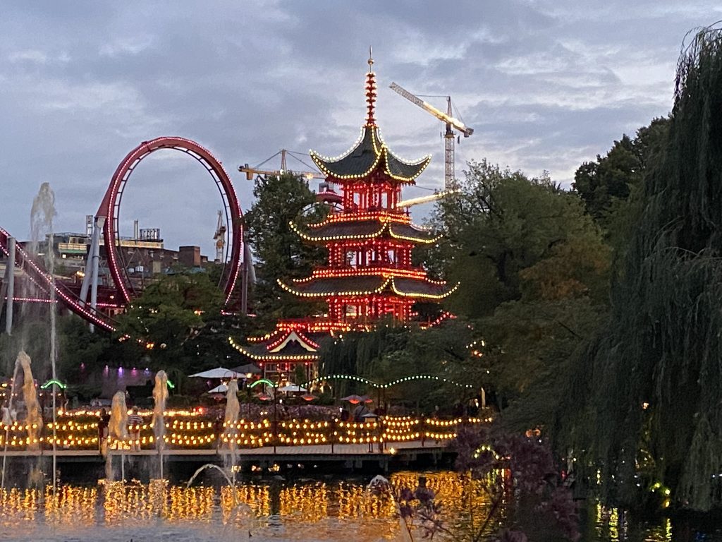 Tivoli gardens at night in Copenhagen