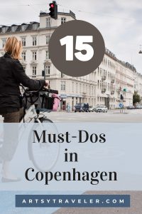 Graphic showing a street scene from Copenhagen. The number 15 apears in a circle. Below is the text "Must-Dos in Copenhagen".