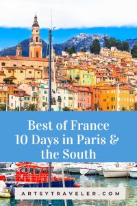 A colorful image of the coastal town of Menton in southern France, with pastel buildings, boats in the harbor, and the text "Best of France: 10 Days in Paris & the South" displayed prominently.