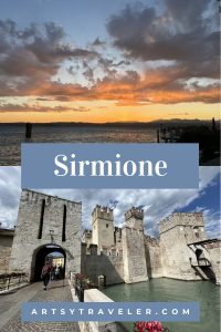 A blog cover image featuring a sunset over Lake Garda and the Sirmione castle, with the word “Sirmione” in bold text and the website "ARTSYTRAVELER.COM" at the bottom.