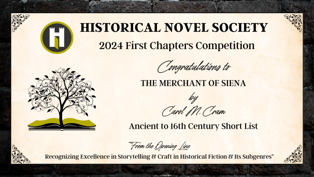 Banner anncouncing The Merchant of Siena as shorlistined for the 2024 First Chapter Competition by the Historical Novel Society