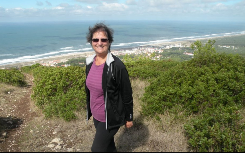 Carol Cram on a cliff above the Atlatnic ocean in northern Portugal