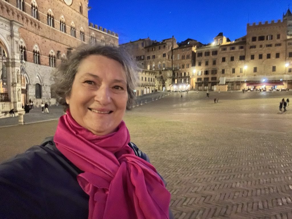 Carol Cram in the Campo in Siena at night