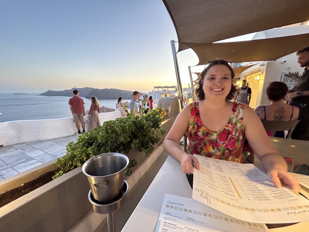 Julia Simpson at Flora Restaurant in Oia