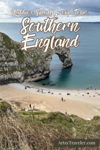 Graphic swith the text "Rabbie's Small Group Tour Southern England" over a picture of Durdle Door on the south coast of England in Dorset.