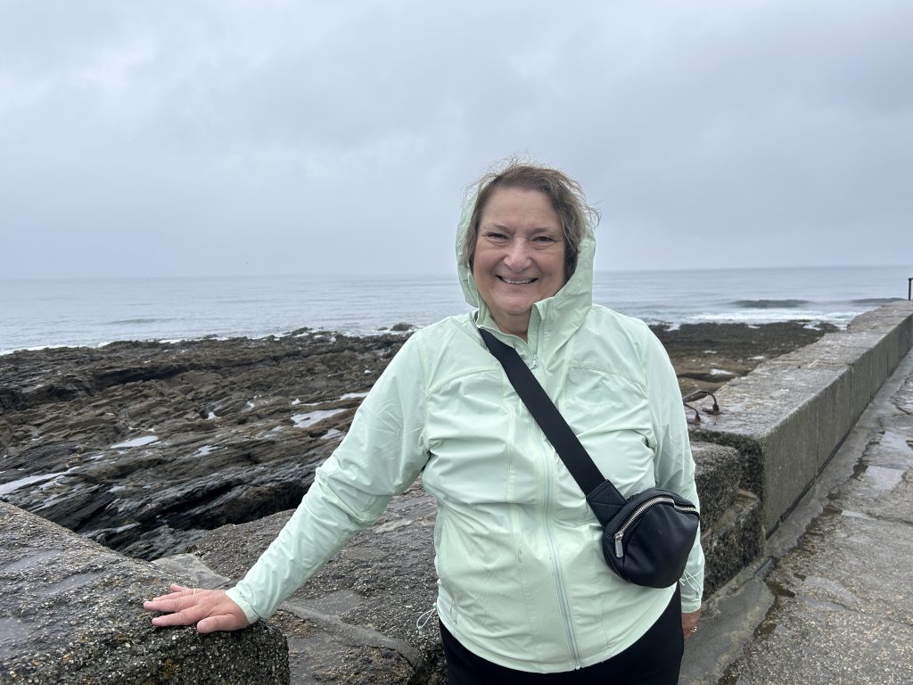 Carol in Porthleven Harbour on a Rabbie’s tour of southwest England