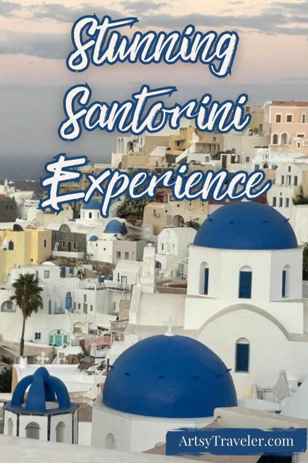 Text overlay reads “Stunning Santorini Experience” above an image of white buildings and blue-domed churches on a cliffside in Oia, with the sea and a colorful sky in the background.