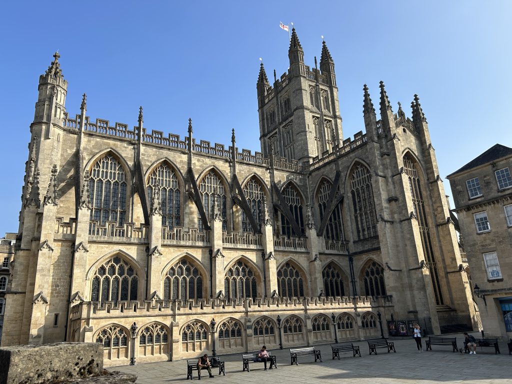 View of Bath Abbey from the top walkway at thhe Roman Baths Museum