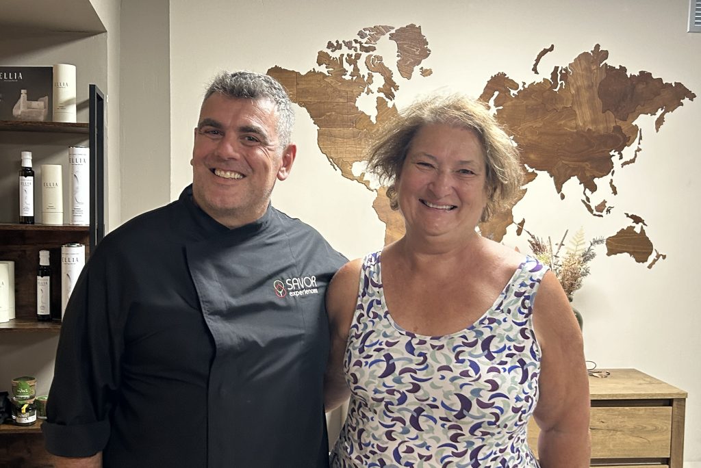 Carol Cram with Chef Kostas at Savor Nafplio Cooking Class