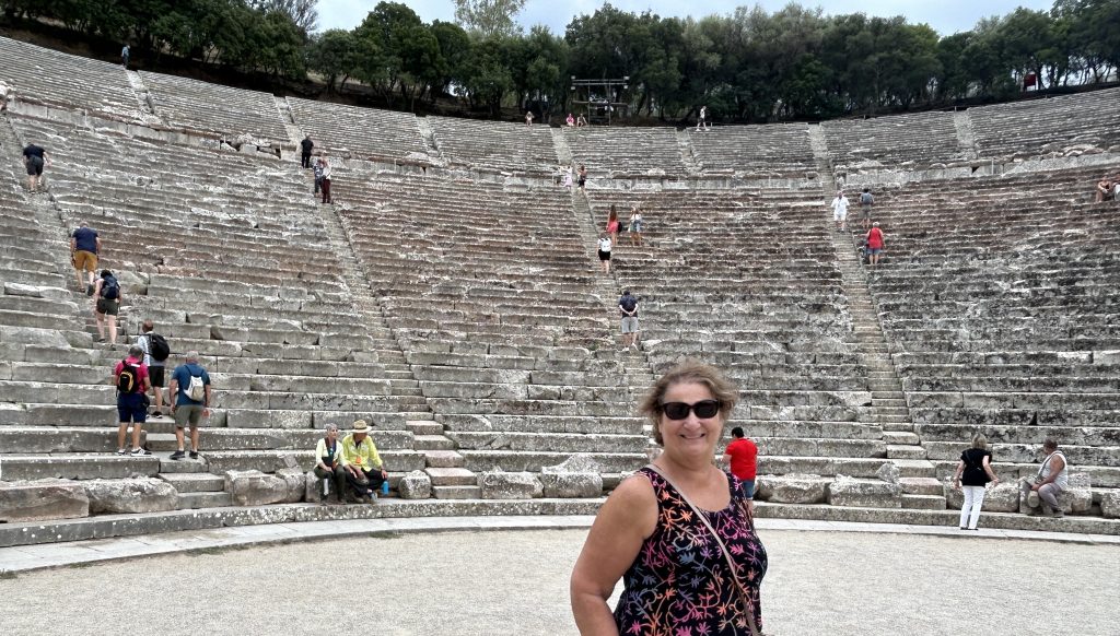 Carol Cram on the stage at Epidaurus Theater