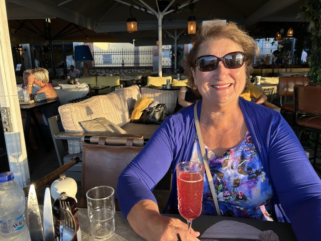 Carol Cram at dinner in Nafplio