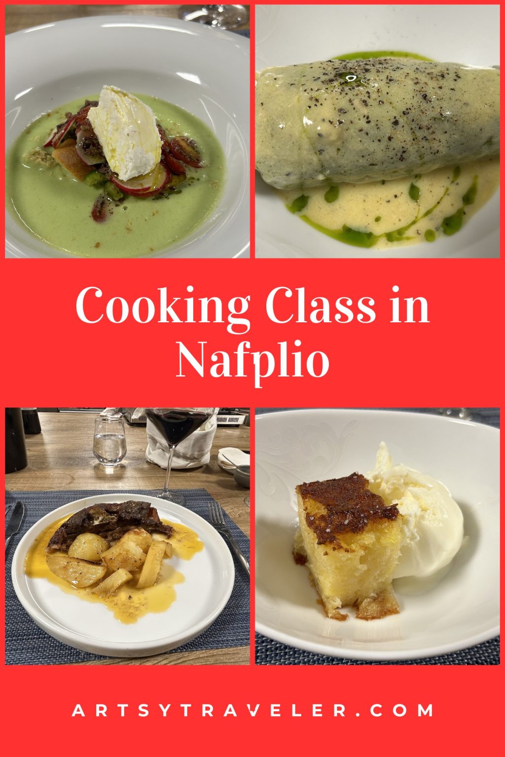 A collage of four dishes from a cooking class in Nafplio, including a salad, zucchini roll, lamb with potatoes, and orange pie with ice cream, with a red background and text "Cooking Class in Nafplio."