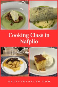 A collage of four dishes from a cooking class in Nafplio, including a salad, zucchini roll, lamb with potatoes, and orange pie with ice cream, with a red background and text "Cooking Class in Nafplio."