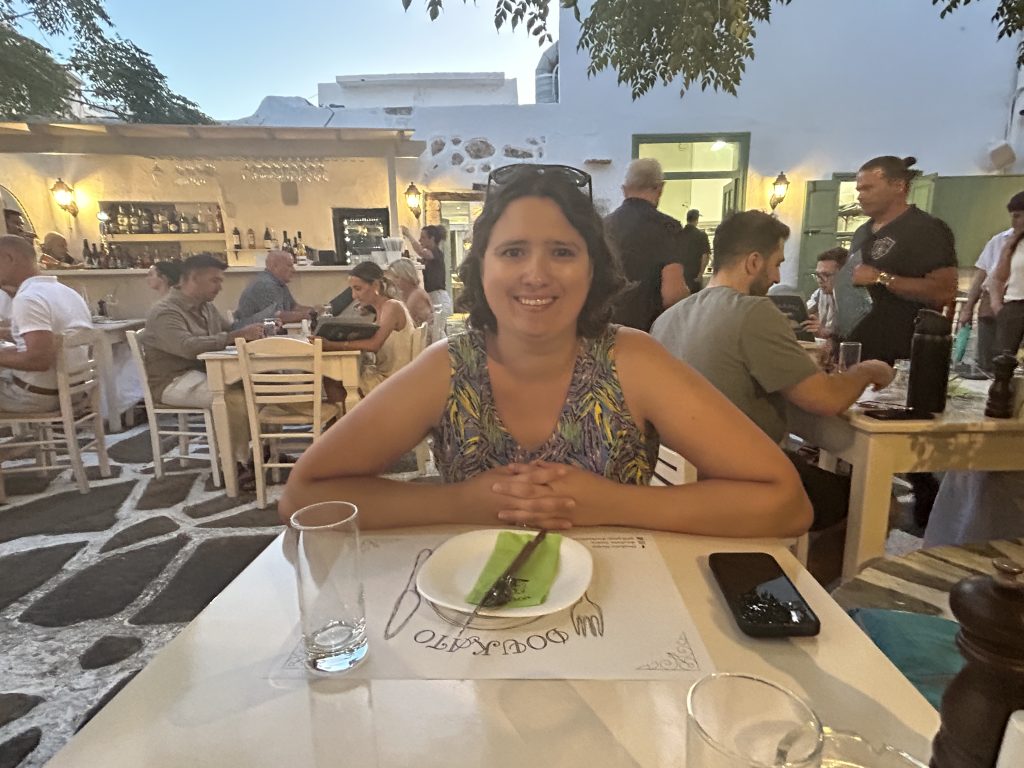 Julia Simpson at dinner in Naxos