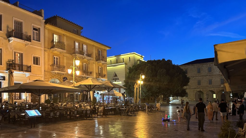 Main plaza at Nafplio floodlit in the evening