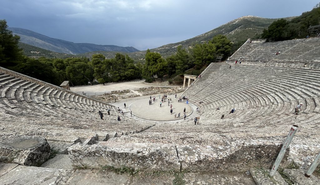 Carol Cram on the stage at Epidaurus Theater