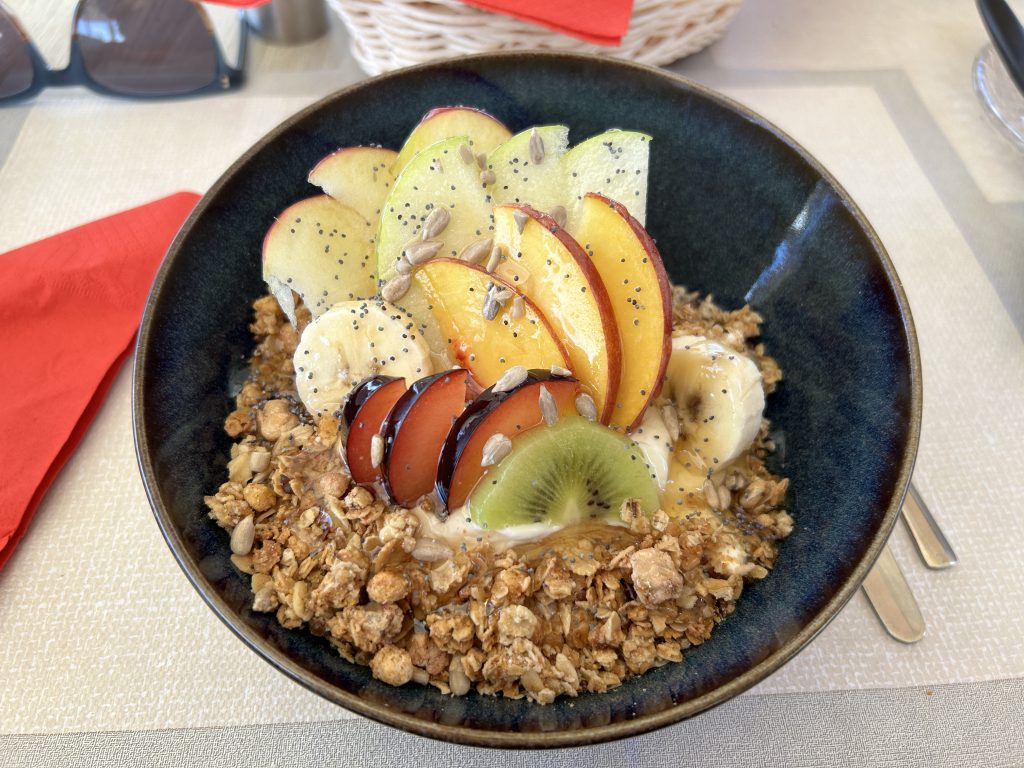 Yogurt and fruit breakfast enjoyed while visiting Greece