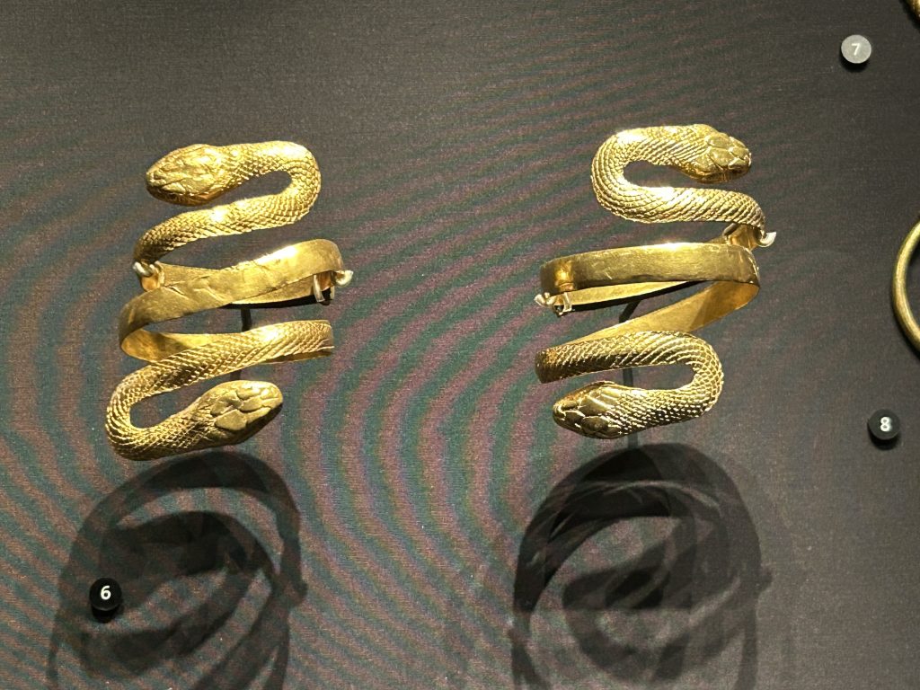 Two bracelets shaped like snakes in the Jewelry Gallery at the Victoria and Albert Museum in London