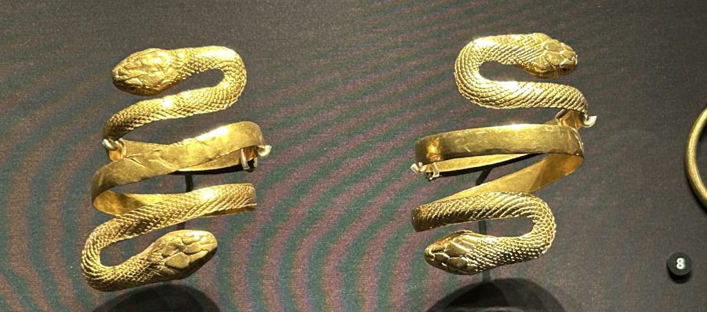 Two bracelets shaped like snakes in the Jewelry Gallery at the Victoria and Albert Museum in London