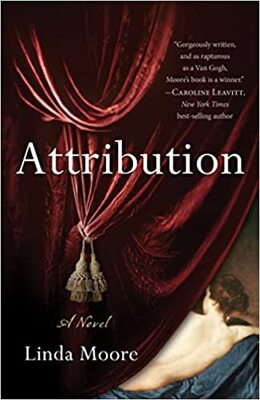 Book cover of Attribution by Linda Moore. A rich red curtain partially reveals a figure lying down with a pale, bare back. Tassels hang from the curtain, and the title appears in white serif text.