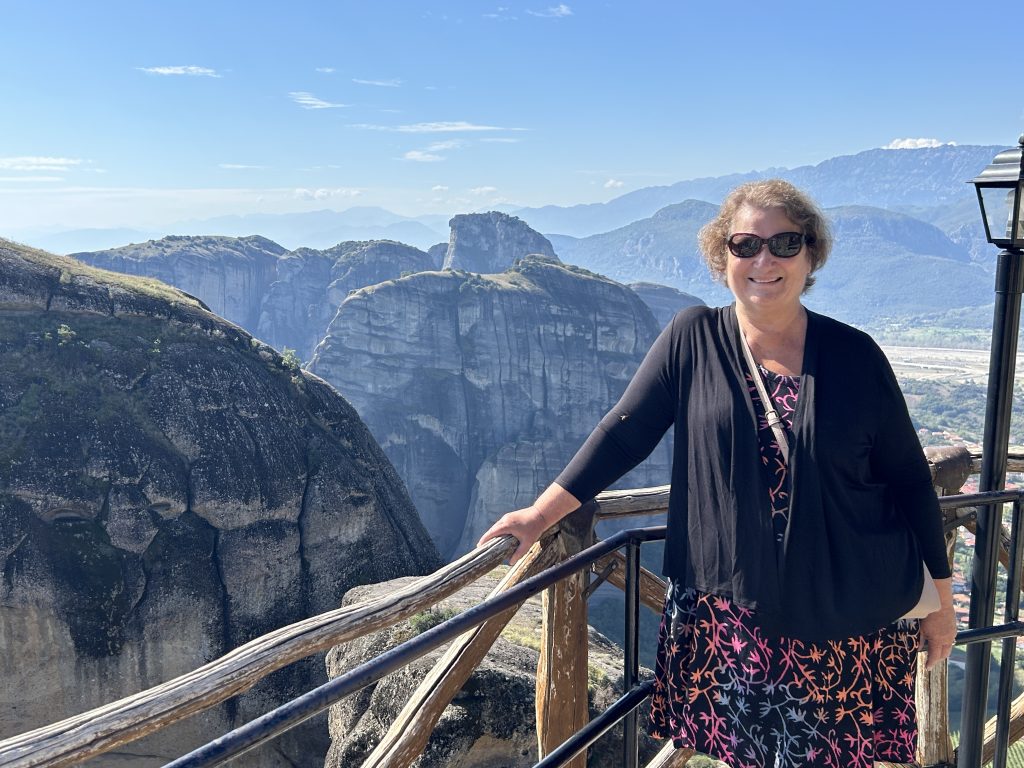 Carol at a viewpoint in Meteora