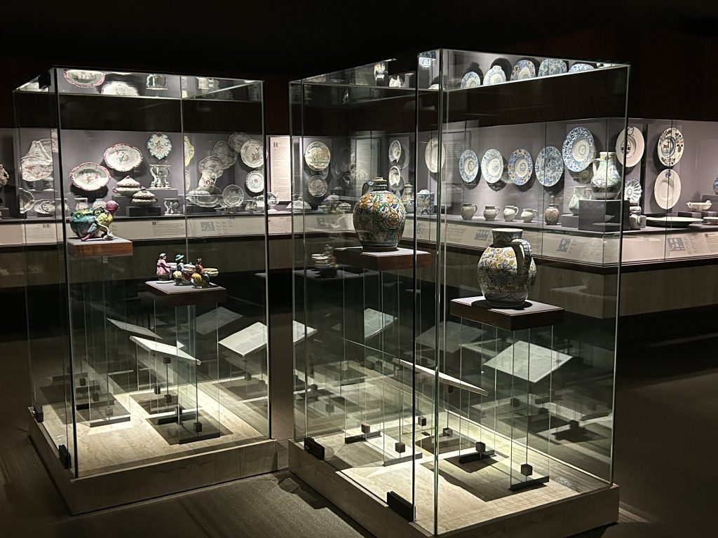 Cases of ceramics, mostly plates and dinnerware in the ceramics room at the Museum of Anthropology in Vancouver.