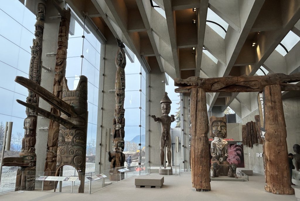 Totem poles in the great hall at the Museum of Anthropology at the University of British Columbia in BC