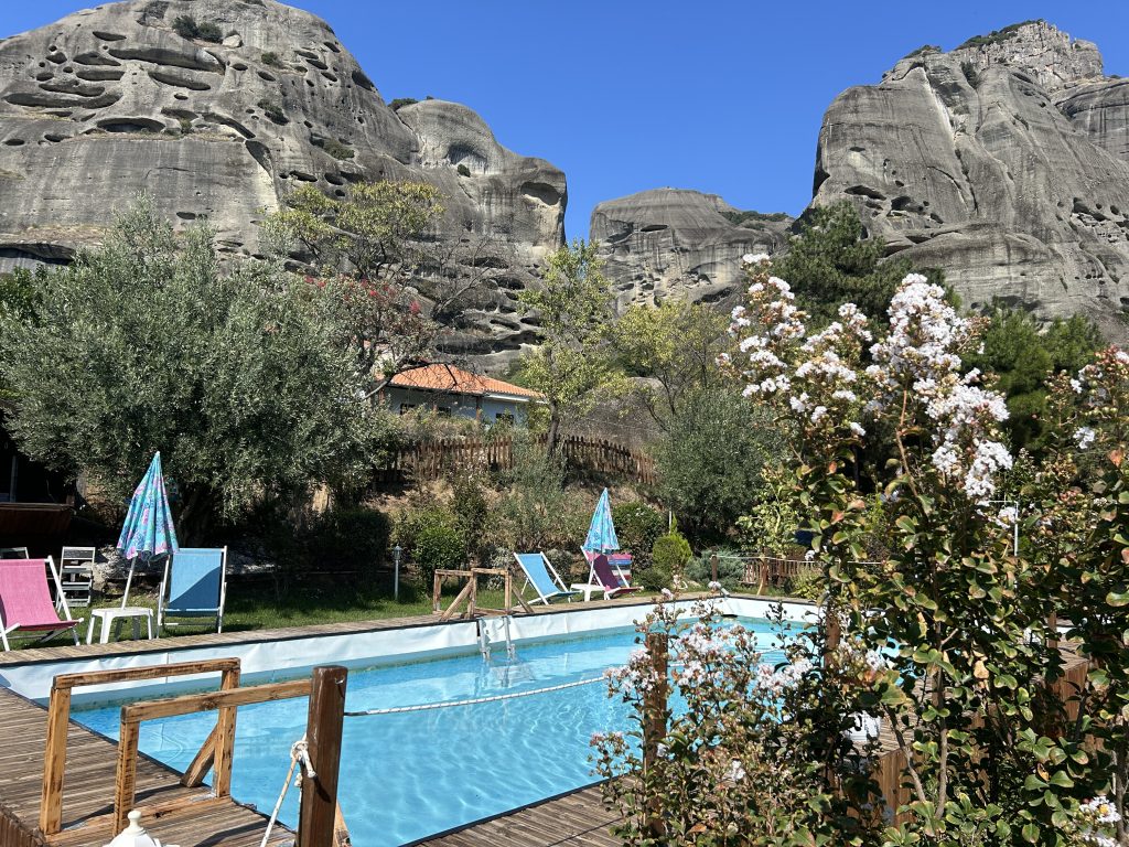 View of the pool from the Hotel Theatro Odysseum in a monastery in Meteora