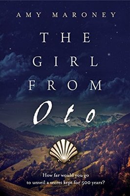  Book cover of The Girl from Oto by Amy Maroney. A twilight scene of rolling hills under a starry sky, with a golden scallop shell symbol at the bottom. The tagline reads, "How far would you go to unveil a secret kept for 500 years?"
