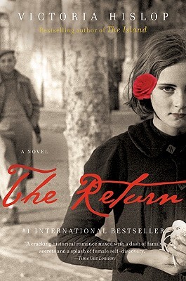 Book cover of The Return by Victoria Hislop. A black-and-white image of a young woman with a red flower in her hair standing in the foreground, while a man in historical clothing walks in the background. The title is written in red cursive letters.