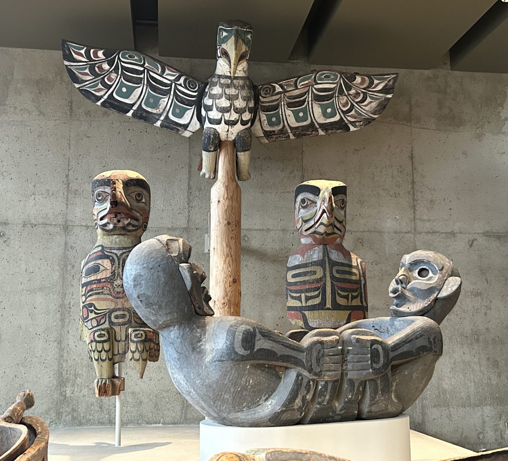 Sculptures created by artists in the pacific Northwest on display at the Museum of Anthropology in Vancouver.